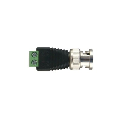 Imagen de Adaptador de conector BNC macho a 2 terminales-tornillo para cables AWG-26-14, en aplicaciones Video Vigilancia, Níquel/ Oro/  PTFE y PVC.