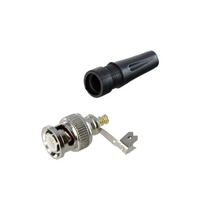 Imagen de Conector BNC macho en 75 Ohm, para cable coaxial RG-59 / Con base de alivio negra de PVC, Níquel/ Oro/ PTFE.