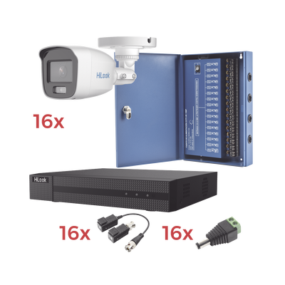 Imagen de Kit TurboHD 1080p Lite / DVR 16 Canales / 16 Cámaras Bala Exterior ( 2.8mm) con ColorVu + Micrófono Integado / Transceptores / Conectores / Fuente de Poder Profesional