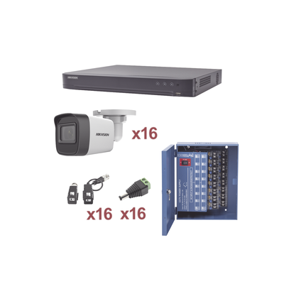 Imagen de KIT TurboHD 1080p / DVR 16 Canales / 16 Cámaras Bala (exterior 2.8 mm) / Transceptores / Conectores / Fuente de Poder Profesional