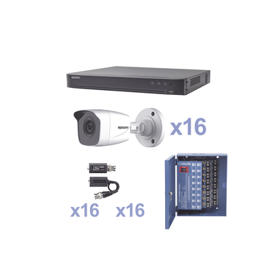 Imagen de KIT TurboHD 1080p / DVR 16 Canales / 16 Cámaras Bala (exterior 2.8 mm) / Transceptores / Conectores / Fuente de Poder Profesional