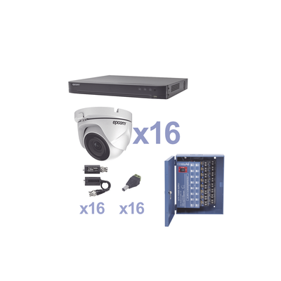 Imagen de KIT TurboHD 1080p / DVR 16 Canales / 16 Cámaras Eyeball (exterior 2.8 mm) / Transceptores / Conectores / Fuente de Poder Profesional