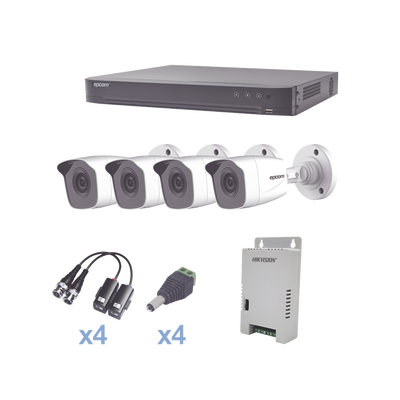 Imagen de KIT TurboHD 1080p / DVR 4 Canales / 4 Cámaras Bala Metálicas (exterior 2.8 mm) / Transceptores / Conectores / Fuente de Poder Profesional