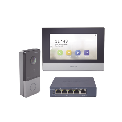 Imagen de Kit de Videoportero IP + Switch Poe Poe Estandar con llamada a App de Smartphone (HikConnect) / Apertura con tarjeta MIFARE / Frente de calle IP65 / Soporta 1 Departamento