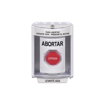 Imagen de Botón de Abortar, Bocina de Advertencia Integrada, Texto en Español, Tapa Protectora de Policarbonato Súper Resistente con Espaciador, Restablecimiento con Llave