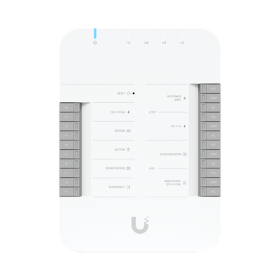 Imagen de UniFi Access Hub Door, puede conectar 2 lectores y 2 cámaras (no incluidos) para controlar solo una puerta / 2 terminales AUX y 4 entradas adicionales (sensores y botones) POE 802.3bt no incluido