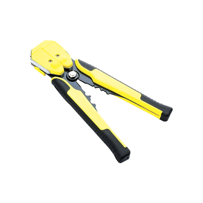 Imagen de Pinza multifuncional Pelacables, con terminal de pestaña, prensado automático de color amarillo.