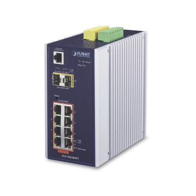 Imagen de Switch Industrial Administrable Capa 2, 8 puertos PoE Gigabit 802.3af/at, 2 Puertos SFP de 1 / 2.5 Gigabit, Entrada de Voltaje Secundaria para Fuente Redundante
