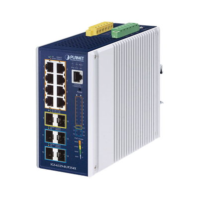 Imagen de Switch Industrial Capa 3 de 8 Puertos 10/100/1000T PoE 802.3bt, 2 Puertos SFP 1 G/2.5 G, 4 Puertos SFP 10G, Instalación en Pared o Puerto DIN.