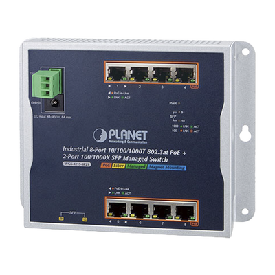 Imagen de Switch Industrial PoE Administrable de Pared Capa 2, 8 Puertos Gigabit PoE 802.3at y 2 Puertos 100/1000X SFP