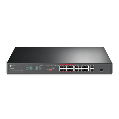 Imagen de Switch PoE+ no Administrable 16 puertos 10/100 Mbps + 2 puertos 10/100/1000 Mbps + 1 puerto SFP, 8 puertos Extensor PoE (hasta 250 m), 150W, diseño para Vigilancia IP