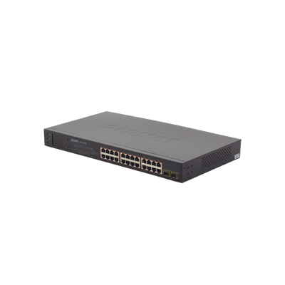 Imagen de Switch PoE de 24 Puertos Gigabit 802.3af/at con Modo Extendido 250 m, 2 Puertos SFP 1000SX , Pantalla LCD para Configuración Básica, Hasta 300 W para PoE