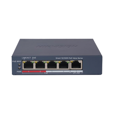 Imagen de Switch PoE+ / Administrable / 4 Puertos 10/100 Mbps PoE+ / 1 Puerto 10/100 Mbps Uplink / Configuración Nube Hik-PartnerPro / Modo Extendido hasta 300 Metros /  45 W