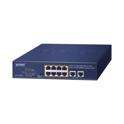 Imagen de Switch PoE No Administrable, Modo Extendido Hasta 250 m, 10 Puertos 10/100/1000 Mbps, 8 Puertos PoE 802.3af/at, 2 Puertos Uplink, Hasta 120 W