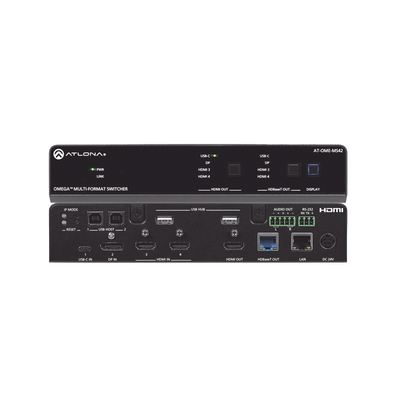 Imagen de OMEGA Switch Matriz 4x2 de AV Multiformato con Entradas HDMI, USB-C y Display Port / Salidas HDMI y  HDBaseT / para Videoconferencia y Presentaciones