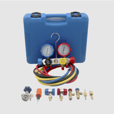 Imagen de Juego de manómetros para aire acondicionado, herramienta de carga de refrigerante, doble válvula con adaptadores de acoplamiento rápido, manguera de 1.5 metros para refrigerantes : R410A, R32, R134A, R22