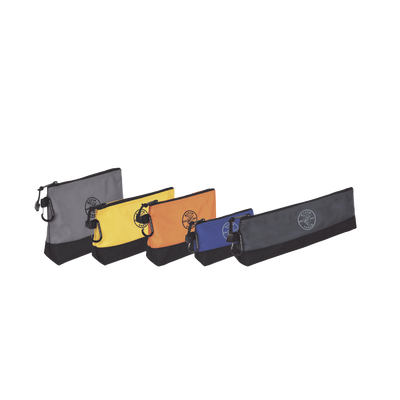 Imagen de KIT 5 Bolsos Ultra Resistentes para Herramientas con Base y cierre Zipper, Colores: gris claro, amarillo, naranja, azul, gris oscuro. Todos con Mosquetones de Aluminio.