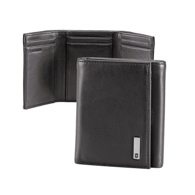 Imagen de Cartera Athens Negra de Piel con Compartimento de Micromalla para ID. Doblable en 3 Partes con Divisor de Billetes. Pocket Wallet