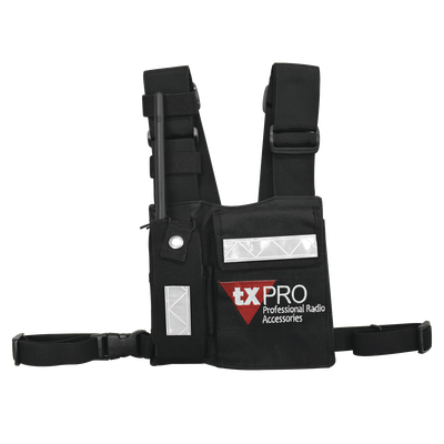 Imagen de Pechera Universal con soporte para radio, sostén de bolígrafo y seguridad para la bolsa con cinta adherente. Logo TX-PRO.