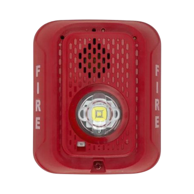 Imagen de Sirena con Lámpara LED Estroboscópica / a 2 Hilos / Montaje en Pared / 12 o 24 Vcd / Configuración Estroboscópica Seleccionable / Texto en Inglés / Color Rojo