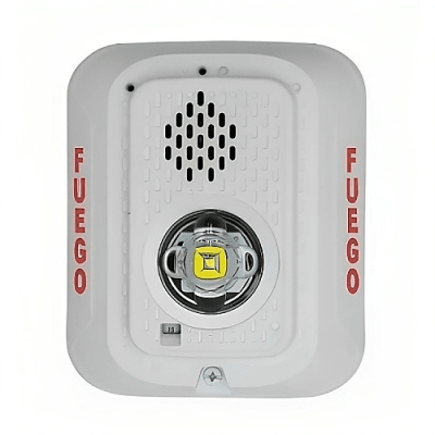 Imagen de Sirena con Lámpara LED Estroboscópica / a 2 Hilos / Montaje en Pared / 12 o 24 Vcd / Configuración Estroboscópica Seleccionable / Texto en Español / Color Blanca