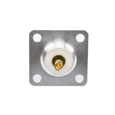 Imagen de Conector UHF Hembra (SO-239) para Montaje de Chasis con 4 Hoyos a 18 mm, Terminal Soldable, Plata/ Oro/ Teflón.