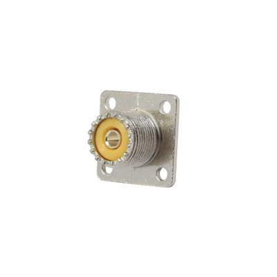 Imagen de Conector UHF Hembra (SO-239), para Montaje en Chasis con 4 perforaciones a 18 mm, Terminal Soldable, Níquel/ Plata/ Delrin.