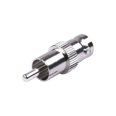 Imagen de Adaptador de BNC Hembra a RCA Macho en 50 Ohm para Fono, uso en Aplicaciones de Audio-Video, Níquel/ Plata/ Delrin.
