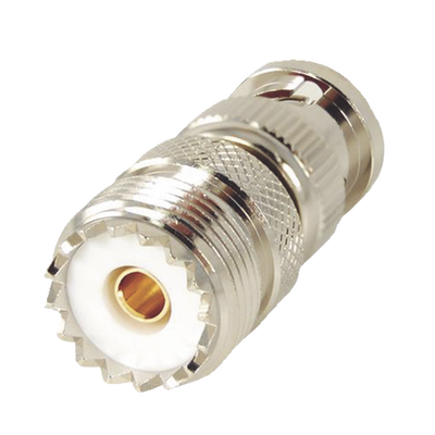 Imagen de Adaptador en Linea para 50 Ohm, Conector BNC Macho-UHF Hembra (SO-239), Níquel/ Oro/ Delrin.