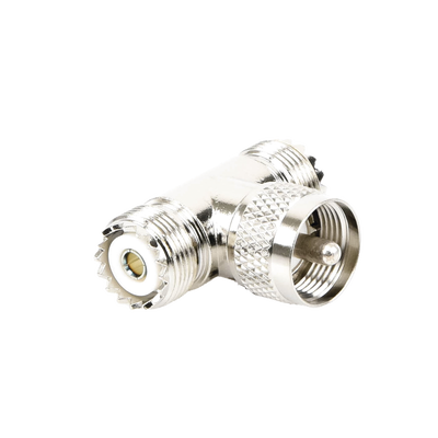 Imagen de Adaptador en forma T, de Conector UHF Macho (PL-259) a Doble UHF Hembra (SO-239), Níquel/ Plata/ Delrin.