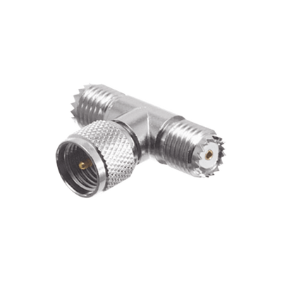 Imagen de Adaptador en T de Conector Mini-UHF Macho a Doble Mini-UHF Hembra, Níquel/ Plata/ Teflón.