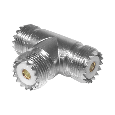 Imagen de Adaptador en forma T, de Conector UHF Hembra (SO-239) a Doble Conector UHF Hembra, Níquel/ Plata/ Delrin.