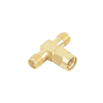 Imagen de Adaptador en T, de Conector SMA Macho a Doble SMA Hembras, Oro/ Oro/ Teflón.