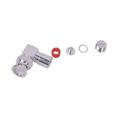 Imagen de Conector BNC Macho en Ángulo Recto de Rosca para LMR-195, RG-58/U, RG-142/U, Plata/Oro/Teflón.