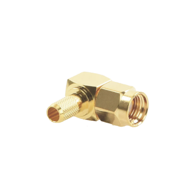 Imagen de Conector SMA Macho Inverso en Ángulo Recto de Anillo Plegable para Cables RG-58/U, RG-142/U, Oro/ Oro/ Teflón.