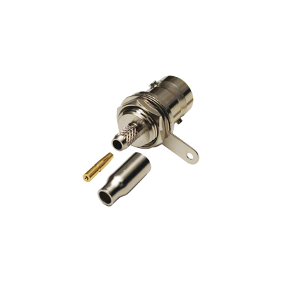 Imagen de Conector BNC Hembra a 50 Ohm, Montaje Frontal en D-Plano, Anillo Plegable para Cables RG-174/U y RG-316/U, Niquel/ Oro/ Teflón.