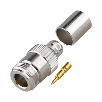 Imagen de Conector N Hembra Inverso de Anillo Plegable para Cables 9913, RG-8/U, LMR-400, Grupo I, Níquel/ Oro/ Teflón.