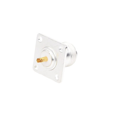 Imagen de Conector N Hembra para Montaje Frontal en Panel con 4 Perforaciones a 18 mm, Plata/ Oro/ Teflón.