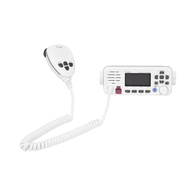 Imagen de Radio móvil marino ICOM, color blanco, clase D DSC. Tx: 156.025 - 157.425 MHz, Rx: 156.050 - 163.275 MHz, 25W de potencia, sumergible IPX7 incluye micrófono y cable de alimentación
