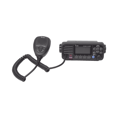 Imagen de Radio móvil marino ICOM, color negro, clase D DSC, Tx: 156.025 - 157.425 MHz, Rx: 156.050 - 163.275 MHz, sin GPS interconstruido, 25W de potencia, sumergible IPX7 incluye micrófono y cable de alimentación