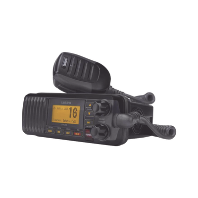 Imagen de Radio Móvil Marino VHF, color negro, 25 W de potencia, sumergible IPX4, rango de frecuencia.: Tx: 156.025-157.425 MHz, Rx: 156.050-163.275 MHz. incluye micrófono y cable de alimentación
