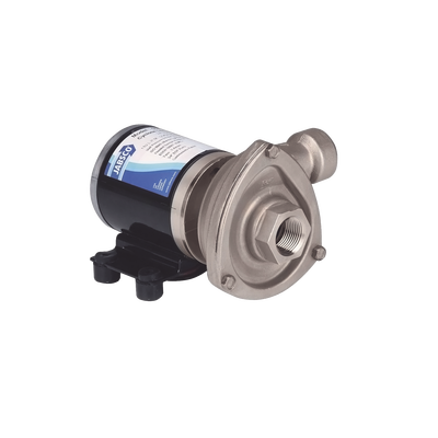 Imagen de Bomba centrifuga Cyclone de baja presión a 12 Vcd, caudal de hasta 29 GPM, presión máxima de 8.7 psi, en acero inoxidable.