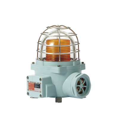 Imagen de Luz LED color Ámbar de advertencia con patrón de destello flasheante/fijo para zonas peligrosas con buzzer incluido a 105 dB. de 24 VCD