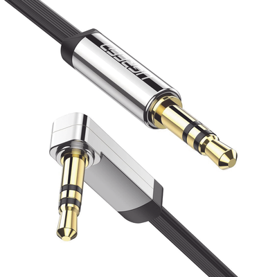 Imagen de Cable Auxiliar Plano 2 Metros / Conector 3.5mm a 3.5mm / Macho-Macho / Recto a Angulo / Ángulo de 90° en una de sus Puntas / Color Negro