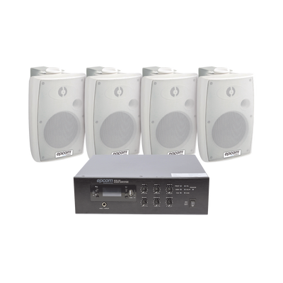 Imagen de KIT de Amplificador de 120W para Escritorio | 4 Altavoces de Pared color Blanco 2.5W - 20W | Sistema 70/100V