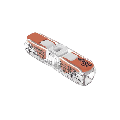 Imagen de Conect. p. instal. en línea con palancas; para cualquier tipo de conductor; máx. 4mm²; 2 conductores; Carcasa transparente; Color tapa blanco; Temperatura ambiente máxima 85°C (T85); 4,00 mm²; transparente