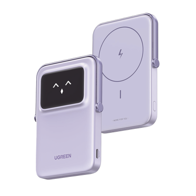 Imagen de Power Bank Inalambrico | 5000mAh | 7.5W  |  Con Emojis de Estado | Carga Rápida USB-C Bidireccional  | Pantalla TFT  Inteligente | 13 niveles de Proteccion | Con Holder | Color Purple.