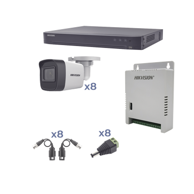 Imagen de KIT TurboHD 1080p / DVR 8 Canales / 8 Cámaras Bala (exterior 2.8 mm) / Transceptores / Conectores / Fuente de Poder Profesional hasta 15 Vcc para Larga Distancia