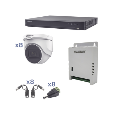 Imagen de Kit TURBOHD 1080p / DVR 8 Canales / 8 Cámaras Turret (exterior 2.8 mm) / Conectores / Transceptores / Fuente de Poder Profesional hasta 15 Vcc para Larga Distancia